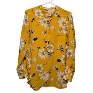 Rose & Olive Mustard Floral Blouse 3/4 Button Down Size M